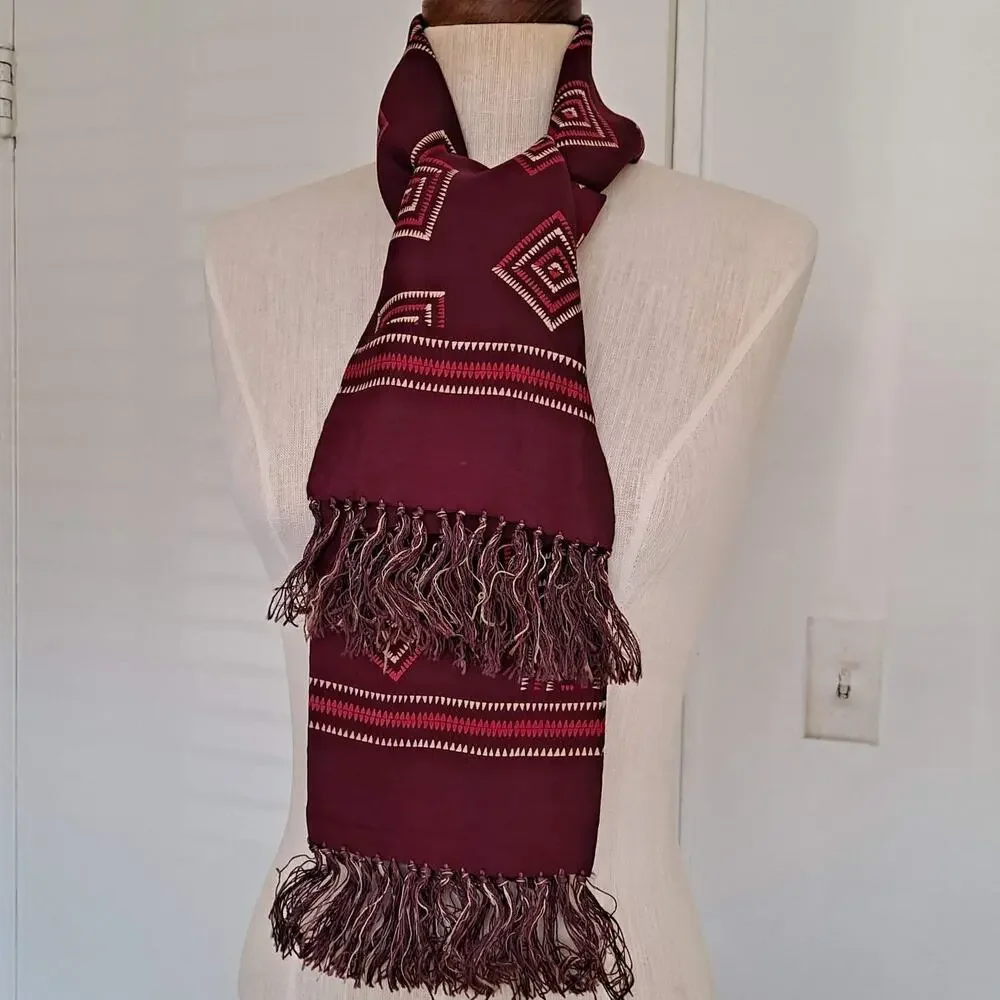 Mens Burgundy & Tan Geometric Rectangular Neck Scarf wFringes - Size 11